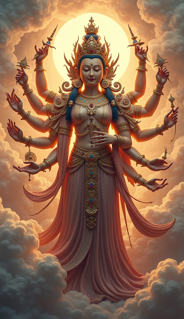 Super detailed, super realistic, hdr wallpaper, Fantastic multiple hands avalokitesvara, she is holding some treasure weapons,
