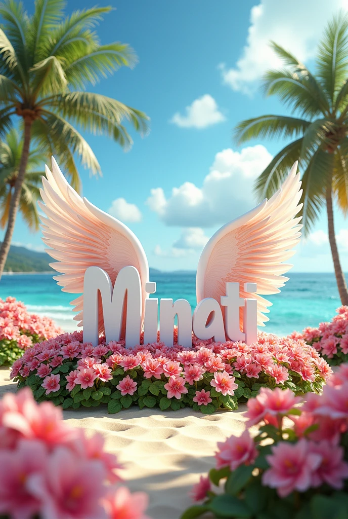 create a 3d picture of the word "Minati", white letters in wings, flowers,garden,park and background have pristine beach Palm trees sway gently in the warm breeze, clouds, casting long shadows across the sand. 3d realatic and ultra quality picture