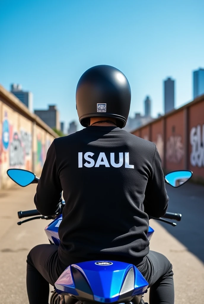 Someone sitting on a Yamaha MT 09 with a black helmet and on the back of his sweatshirt that says Isaul 