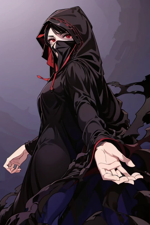 NNAssassinFSF, 1girl, solo, black hair, red eyes, long cape sleeves, sleeves covered hands, no hands, dress, long cape, cape, black cloak, hood up, black robe, covered mouth, hooded cloak, ((masterpiece, best quality)) rooms, bedroom, from below 