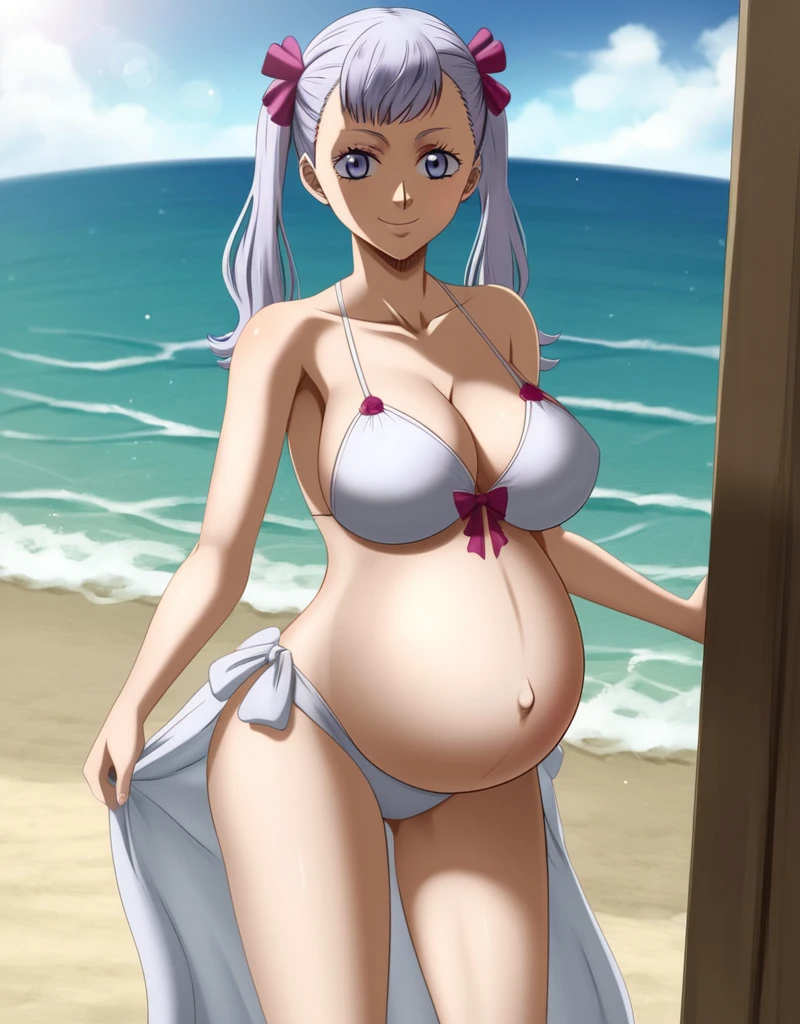 noelle_blackclover, Noelle Silva, Black Clover, long silver hair, waist-length hair, half-up half-down hairstyle, ribbon, soft waves, side-parted bangs, almond-shaped blue eyes, high-quality, ultra-detailed, beast quality, 8K resolution,
looking at viewer, dutch angle, cowboy shot, smile, pregnant belly, large belly, big belly, big Breasts,
1girl,solo, indoors, beach, happy, Smiling, rub belly,
full body,