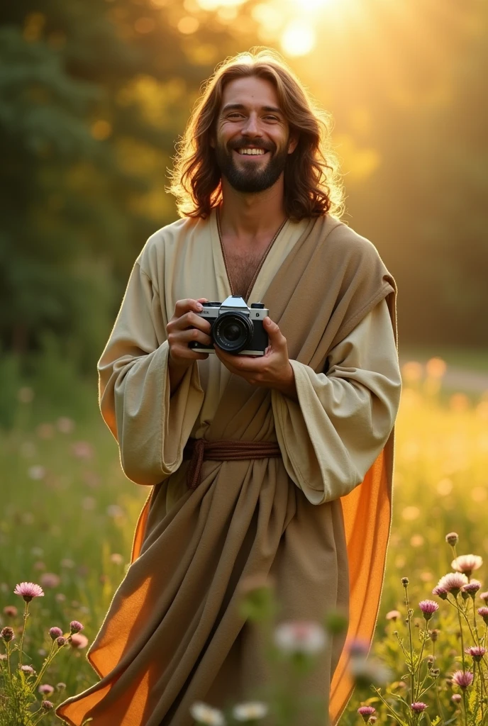 Jesus in a peaceful setting, He is wearing a simple robe and holding a camera., Jesus is smiling and posing in a friendly manner, capturing a special moment with the camera. The scene can convey a sense of peace and joy, combining the modernity of the act of photographing with the traditional figure of Jesus.