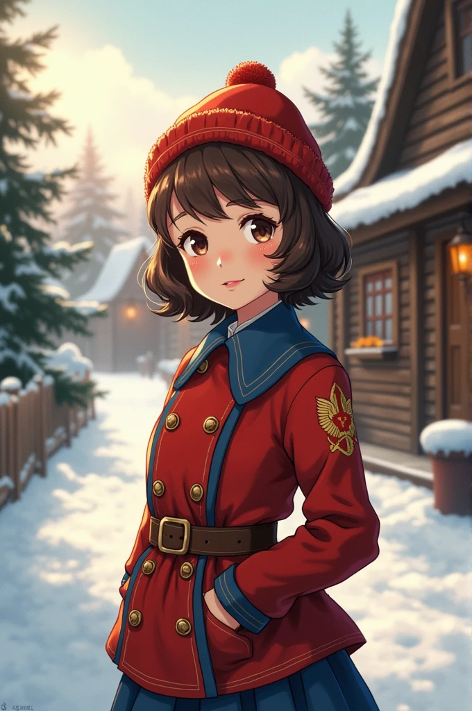 An old anime style girl. The girl is wearing Soviet clothes accompanied by an ushanka hat.. He has brown hair, Medium Short, with bangs and also wavy. He has big brown eyes.. He also has white skin