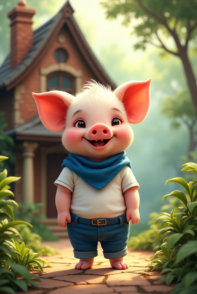asterpiece, full-body illustration of a small cute piglet, (1male cute piglet:1.2), (satisfied expression:1.3), wearing a white t-shirt, blue jeans, and a blue bandana, (strong and hardworking:1.3), looking at the camera with satisfaction, in the background there is a two floor simple brick house with pillars and chimney in the middle of a jungle with trees, (nature background:1.2), sunlight filtering through the trees, (soft lighting:1.3), (warm and green color scheme:1.3), (highly detailed), (ultra quality:1.3), (masterpiece), (digital art), 8K resolution, HDR, depth of field, (soft shadows), (photorealistic:1.3), (animation:1.2), (by Greg Rutkowski:0.9), (in the style of Alphonse Mucha), trending on ArtStation, award-winning art