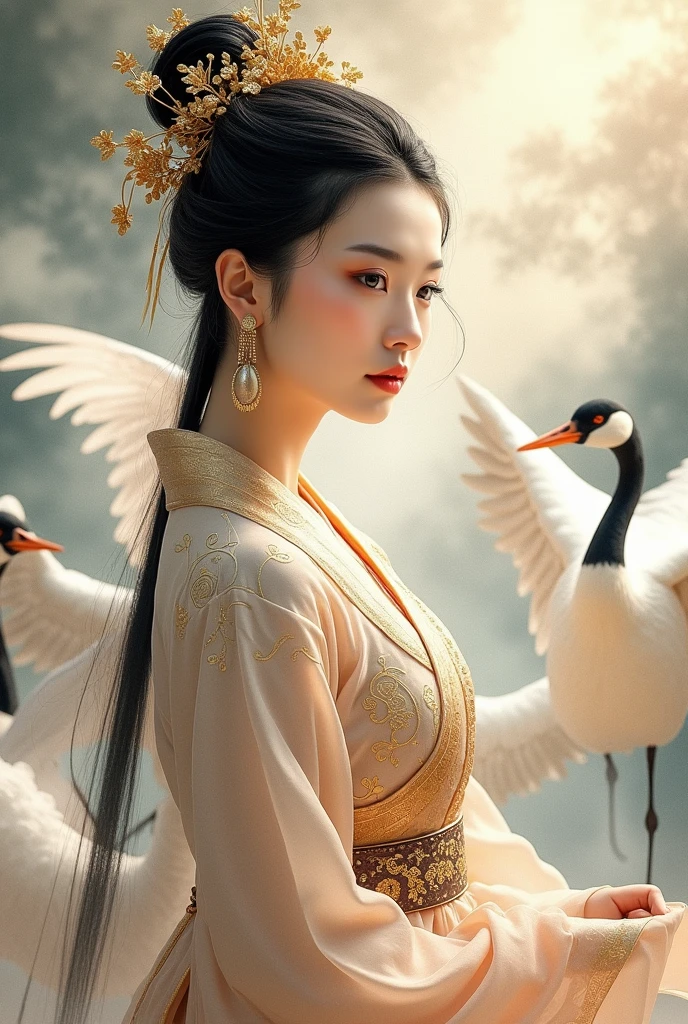 A beautiful dancer in ancient China.,delicate lines,magnificent costumes in ancient China,delicate and vivid,shy face,willow leaf eyebrows,representation of personality,coiled hair,Gold leaf,Flowing clouds,watercolor,surrounding crane,ink painting,gentle eyes,meticulous, color scheme,exquisite clothing patterns,by Gu, Kaizhi,Zhang Xuan,Professional color grading,Realistic style,soft shadows,clean and sharp focus,film photography,panoramic view,32k --v 6
