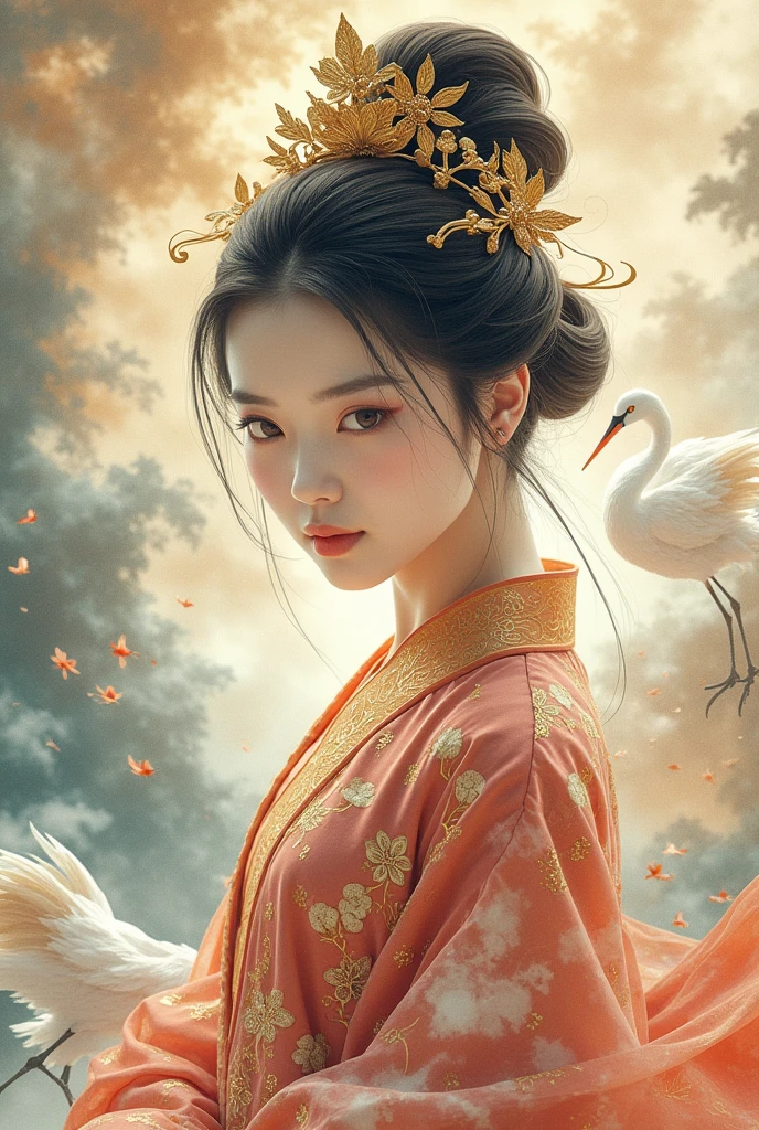 A beautiful dancer in ancient China.,delicate lines,magnificent costumes in ancient China,delicate and vivid,shy face,willow leaf eyebrows,representation of personality,coiled hair,Gold leaf,Flowing clouds,watercolor,surrounding crane,ink painting,gentle eyes,meticulous, color scheme,exquisite clothing patterns,by Gu, Kaizhi,Zhang Xuan,Professional color grading,Realistic style,soft shadows,clean and sharp focus,film photography,panoramic view,32k --v 6