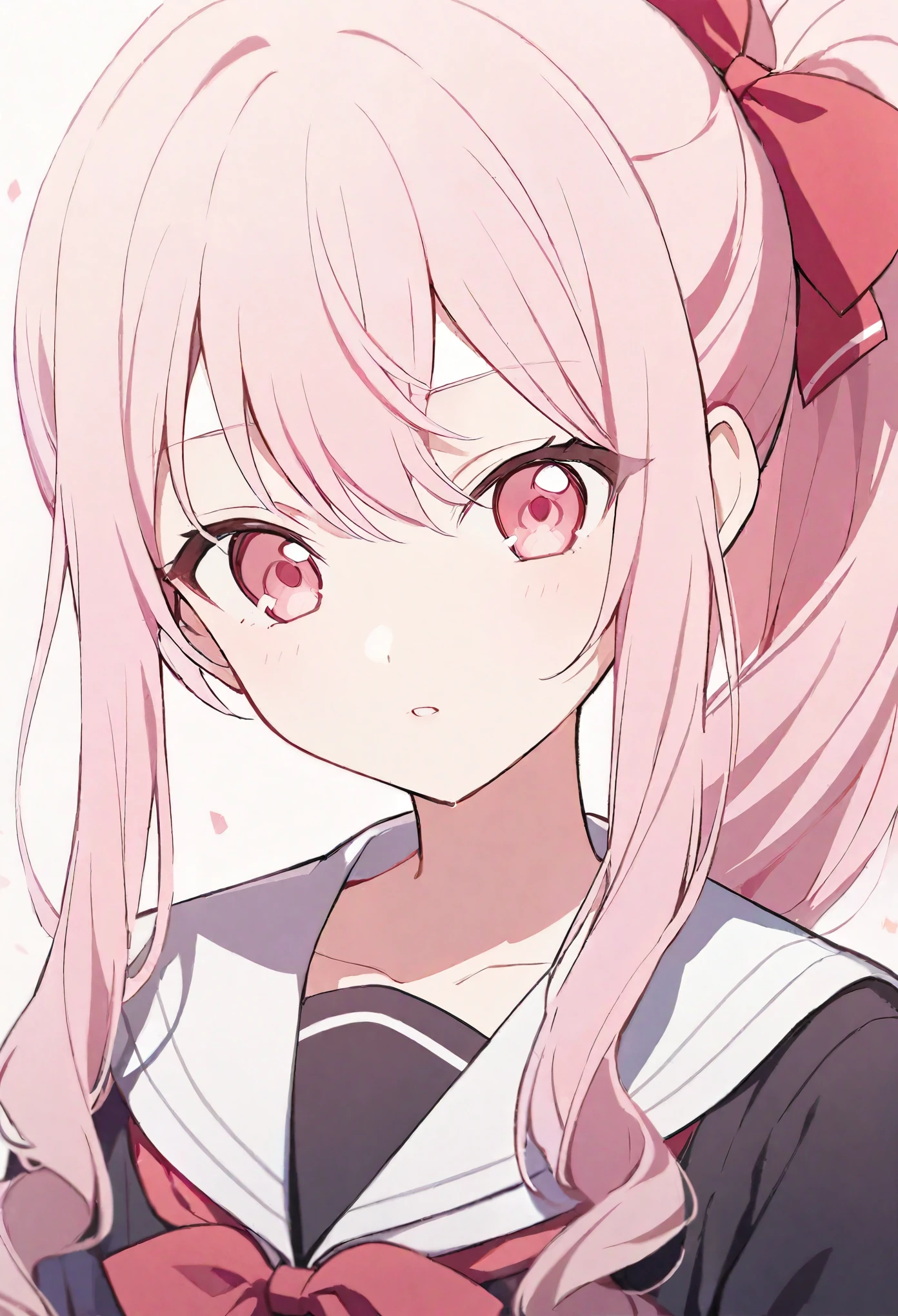 One person,alone,Mizuki Akiyama,Pink Hair,,Red Bow,Pink Eyes,Black Sailor Suit,White sailor collar,Pink and purple necktie,Project Sekai,Long ponytail,cute,cute,Upper Body,