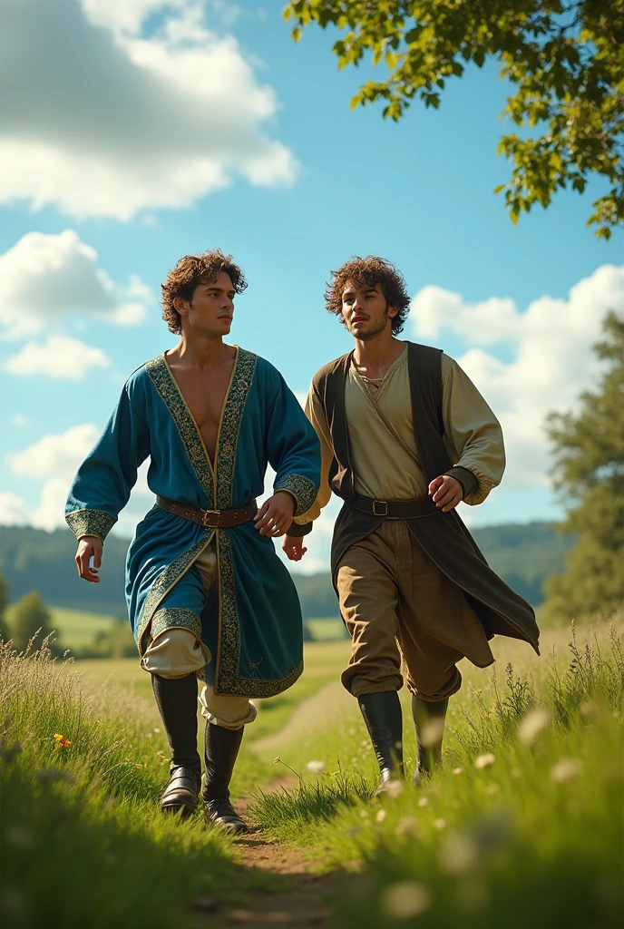 (photorealism:1.2), Merlin is a young man wearing rare clothes next to a young farmer using medieval clothes in the fields running away 