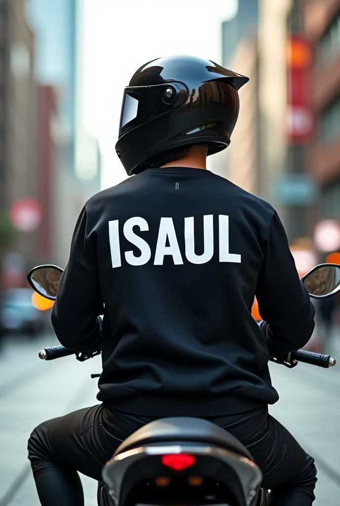 Someone sitting on a Yamaha MT 09 with a black helmet and on the back of his sweatshirt that says Isaul 