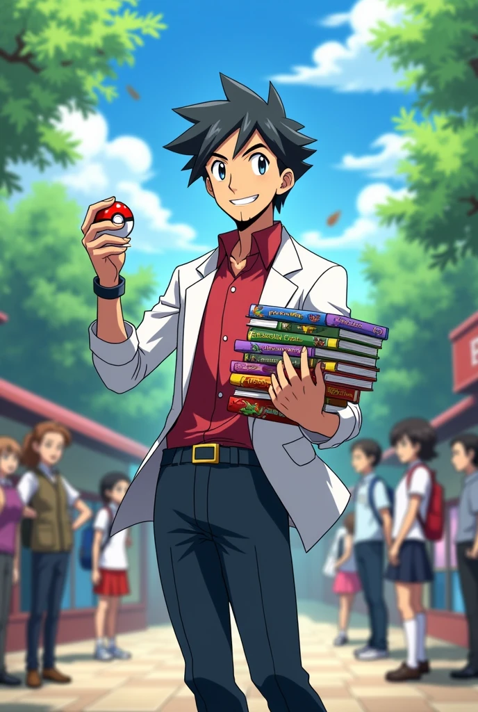 Anime pokemon style, Short black hair teacher with beard, right hand throwing a pokeball. Left hand holding books, School