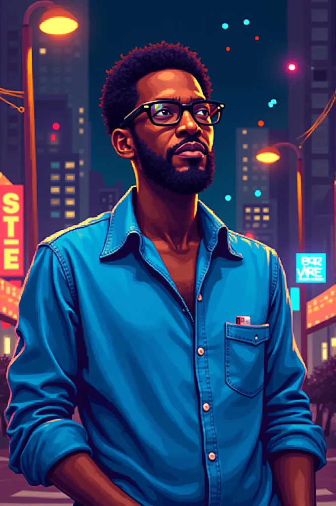 Herbie Hancock standing with blue shirt and with pixel art style