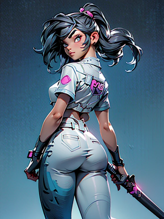 masterpiece，best qualtiy，8k wallpaper，The is very detailed，illustratio，（perfect bodies：1.1）, 1个Small Breast Girl, Hailee Steinfeld, black ponytail hairstyle, cute face, dual horsetail，wearing hat，wearing mini hot pants, beautiful detailed eyes, beautiful detailed lips, slim body, cute bum, showing her butt crack, bending over, Cyberpunk-inspired short outfits, Baseball bat, Turn Back, cyberpunk city