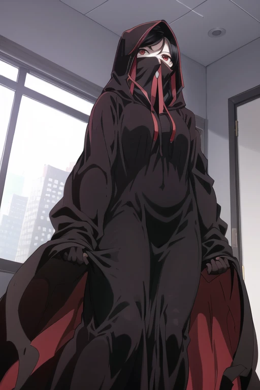 NNAssassinFSF, 1girl, solo, black hair, red eyes, long cape sleeves, sleeves covered hands, no hands, dress, long cape, cape, black cloak, hood up, black robe, covered mouth, hooded cloak, ((masterpiece, best quality)) rooms, bedroom, from below 