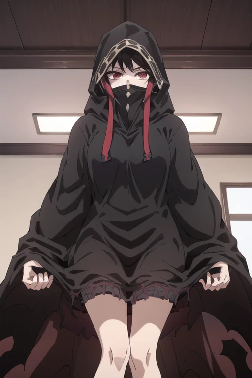 NNAssassinFSF, 1girl, solo, black hair, red eyes, long cape sleeves, sleeves covered hands, no hands, dress, long cape, cape, black cloak, hood up, black robe, covered mouth, hooded cloak, ((masterpiece, best quality)) rooms, bedroom, from below