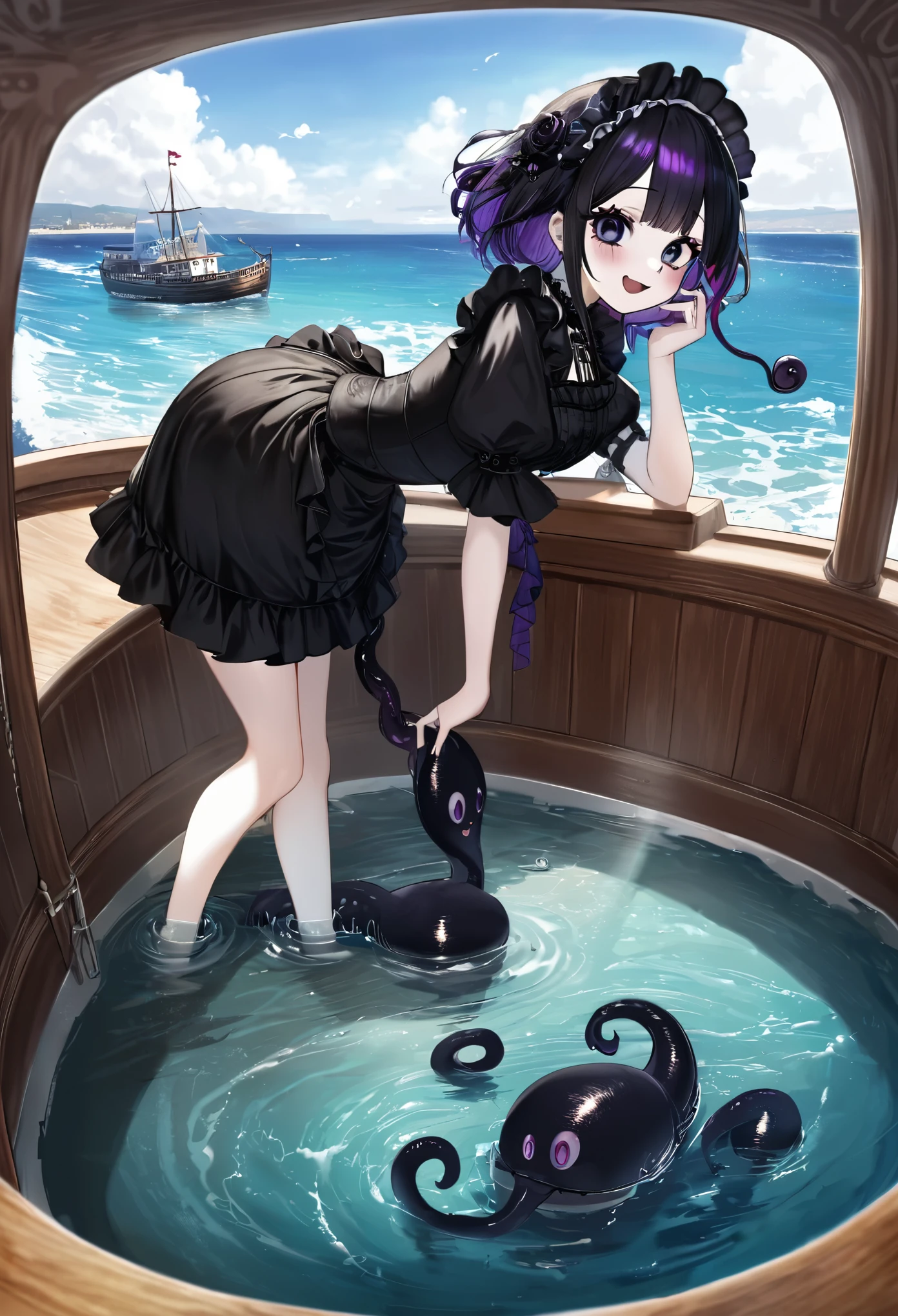 Giant girl leaning out of the sea. She wears a gothic dress. dress with ruffles. Innocent laughter. Grab and sink the ship. Wooden boat. Tentacles extending from the sea. View from the ship.