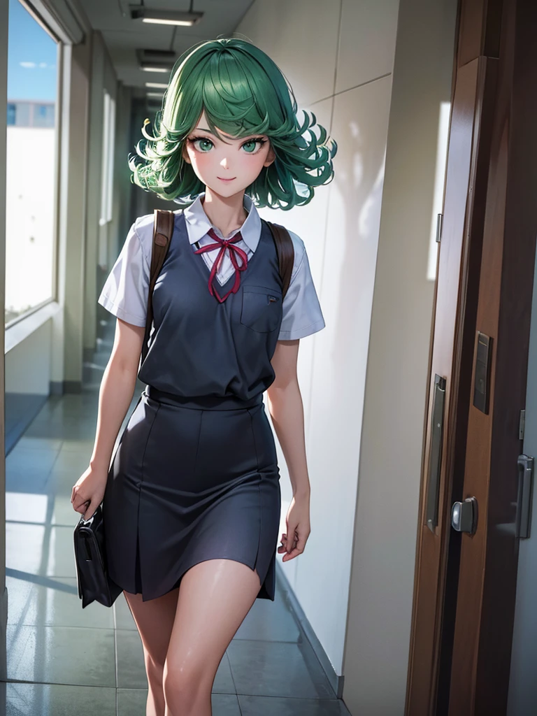 (high res, 8K, masterpiece, looking at viewer, best quality, very aesthetic, ultra detailed, ultra background, ultra Eyes, Realistic Eyes), intricate details, 1girl, Tatsumaki, short sleeved white shirt, Smile Face, pocket on left chest, gray short skirt, Green short hair, Green eyes, carry a bag, walking in the school hallway, Background school hallway, School, Cinematic Angle