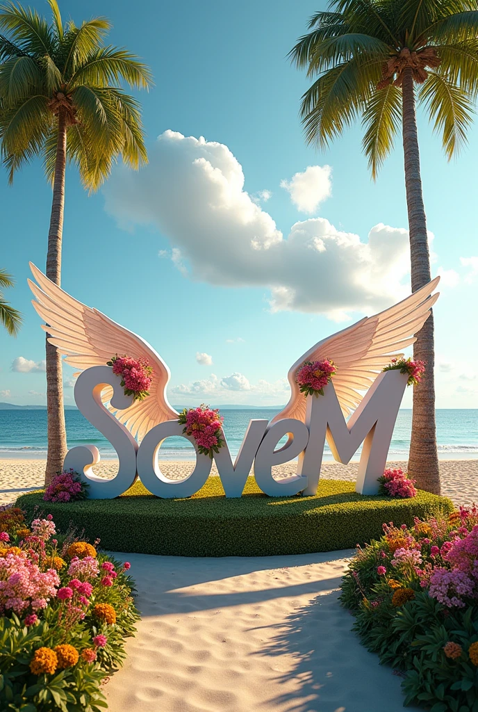 create a 3d picture of the word "SLoveM", white letters in wings, flowers,garden,park and background have pristine beach Palm trees sway gently in the warm breeze, clouds, casting long shadows across the sand. 3d realatic and ultra quality picture