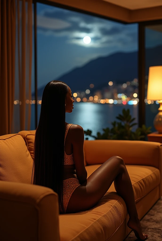 african girl, 19 ans, long black hair, sitting in a large luxury modern living room, tan furniture, dark lighting, night, panoramic view of italy out of the window, wearing versace