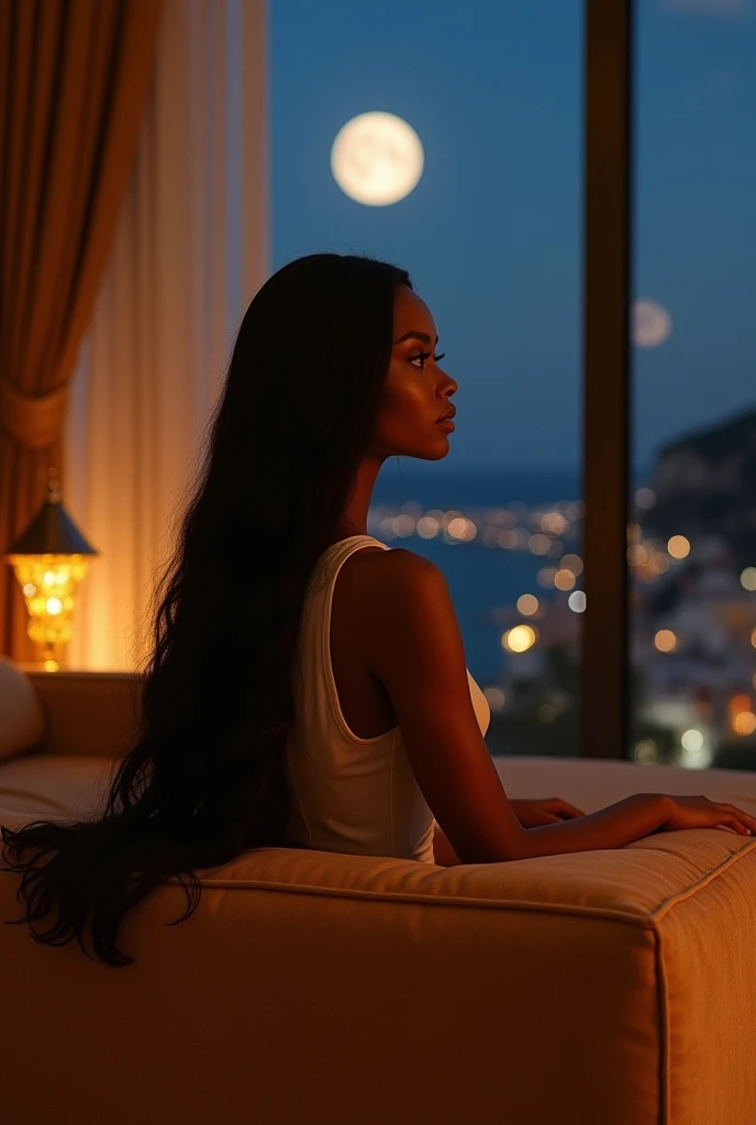 african girl, 19 ans, long black hair, sitting in a large luxury modern living room, tan furniture, dark lighting, night, panoramic view of italy out of the window, wearing versace