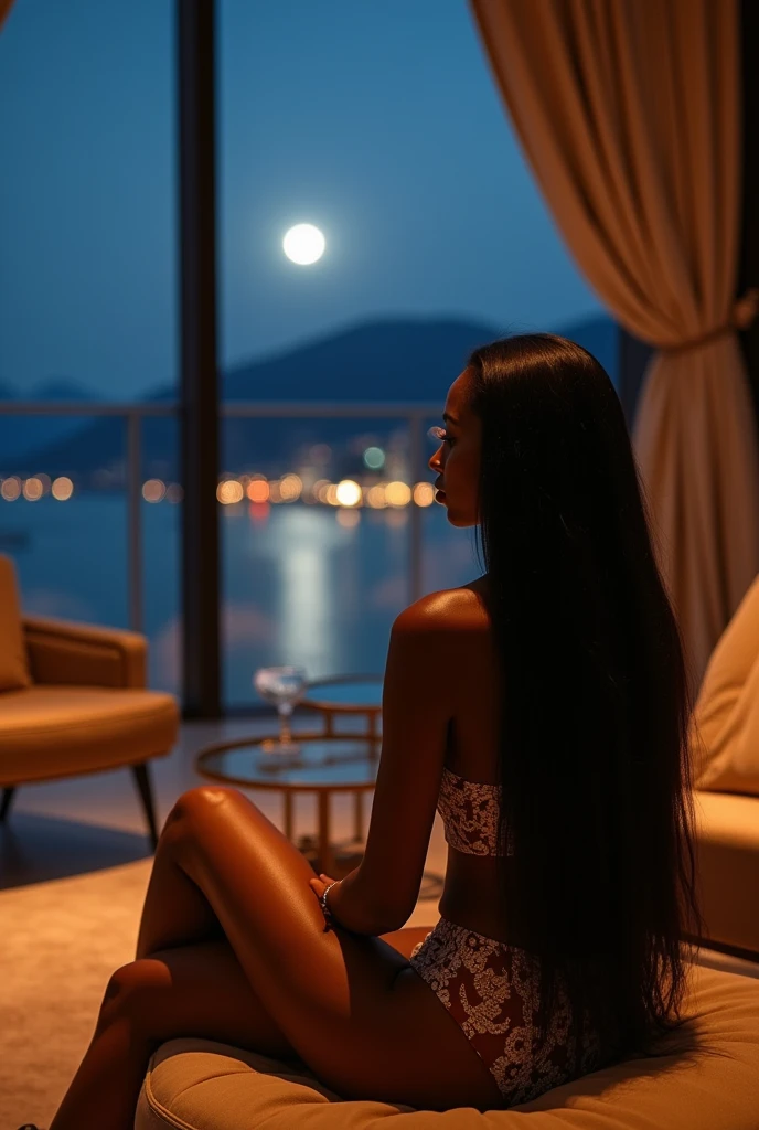 african girl, 19 ans, long black hair, sitting in a large luxury modern living room, tan furniture, dark lighting, night, panoramic view of italy out of the window, wearing versace