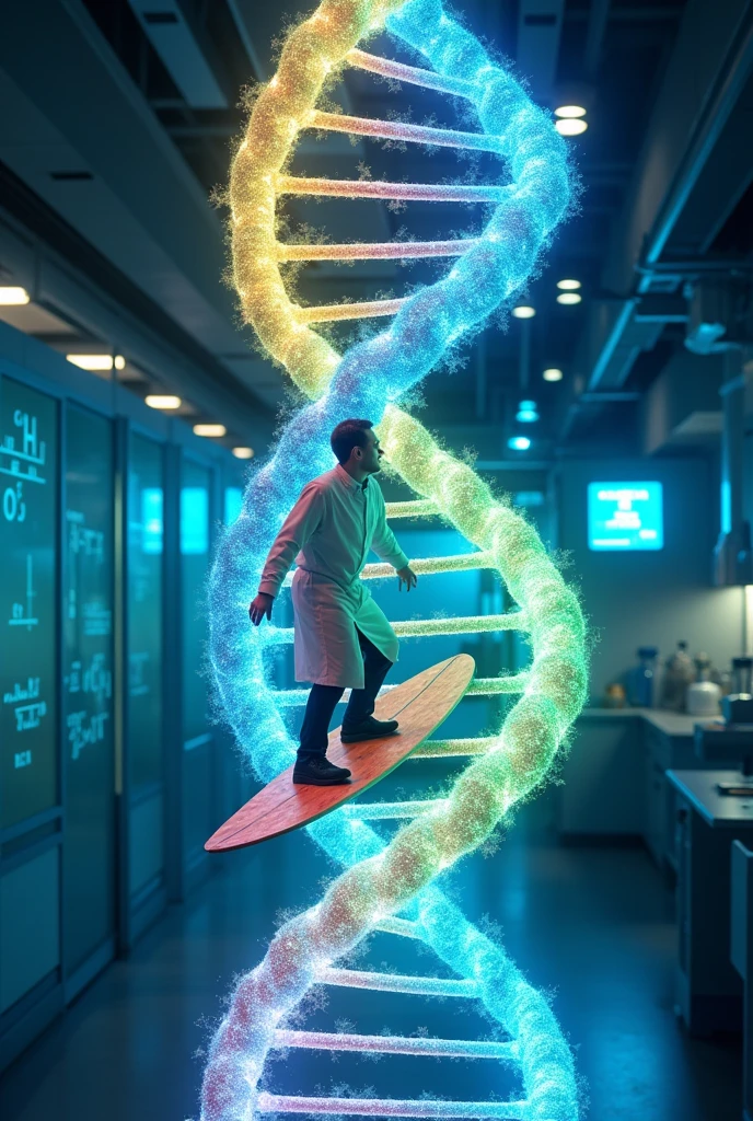 a scientist wearing white apron, surfing a DNA molecule with four bases colours