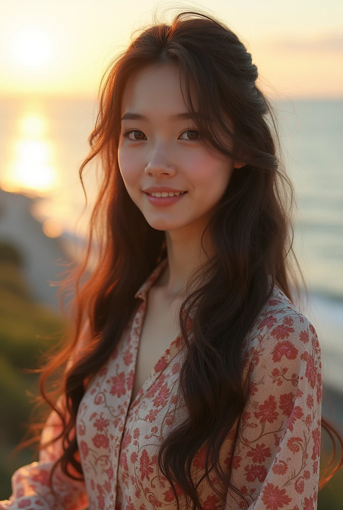 Beautiful one、Detailed eyes、、Highest quality, 超High resolution, (Reality: 1.4), Super Beauty、Beautiful Skin、Slender、Body facing forward、(Surreal)、(High resolution)、(8k)、(Beautiful and detailed eyes)、Detailed face、Bright lighting、Face Focus、Look straight ahead、(The costume is a damask shirt dress.)、Long Hair, Evening scenery、Brown Hair、Japan is an idol、、Age 20、 smile, Seascape