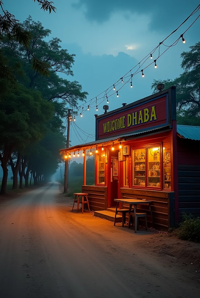 A road side dhaba front face with serial lights hanging without persons