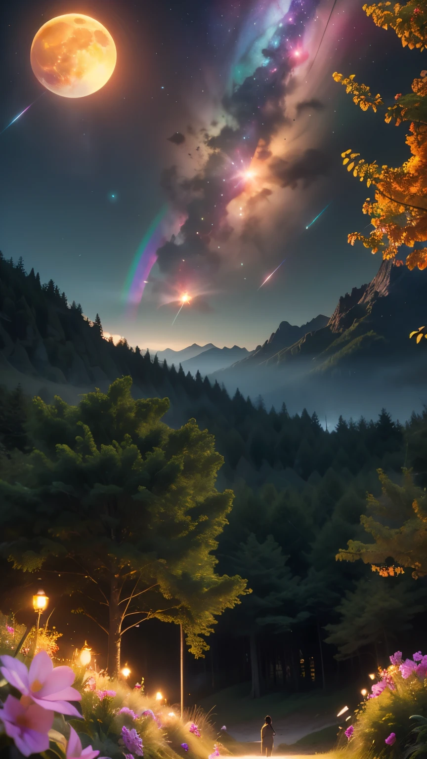 Wide-ranging landscape photos, (A view of the sky and wilderness from below),  The lawyer stood in the flower field and looked up, (Full Moon: 1.2), (meteor: 0.9), (nebula: 1.3), Distant Mountains, Tree BREAK Production Art, (Warm light source: 1.2), (firefly: 1.2), lamp, Purple and Orange, Intricate details, Volume LightingBREAK (masterpiece: 1.2), (best quality ), 4K, Extremely detailed, (Dynamic Configuration: 1.4), Rich in details、Colorful (Rainbow: 1.2), (闪耀的lamp光, Atmospheric lighting), Dreamy, magic, (Solitary: 1.2)