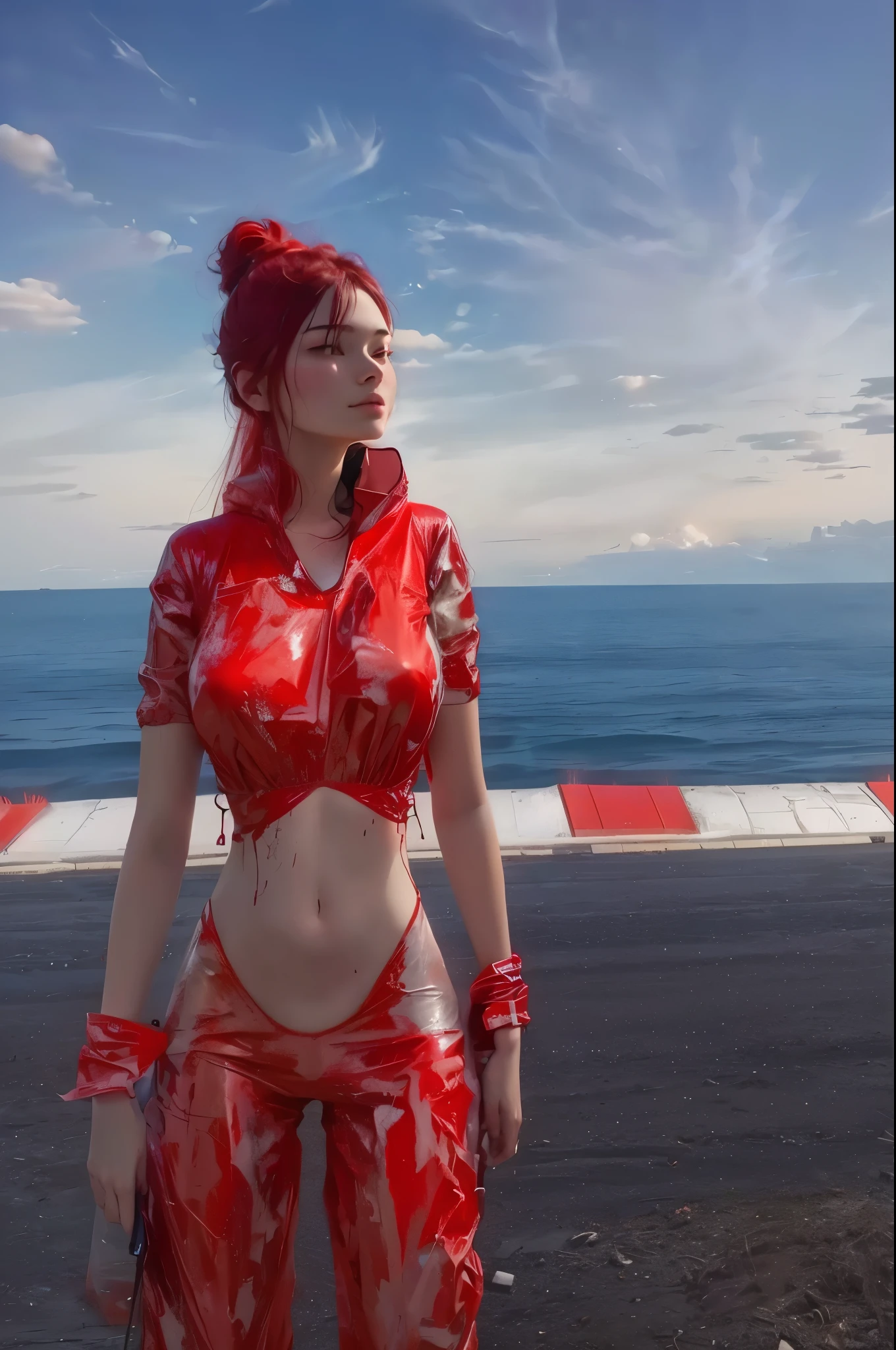 a close-up of a person in red clothing near a dead body&#39;water, leeloo outfit, complex outfit, red-haired goddess, crimson themed, Red Jumpsuit, red adornments, looking out at a red ocean, full lava showcase dress, standing on the deck of a ship, red lace, Unreal engine rendering + a goddess, Red clothing, red bikini