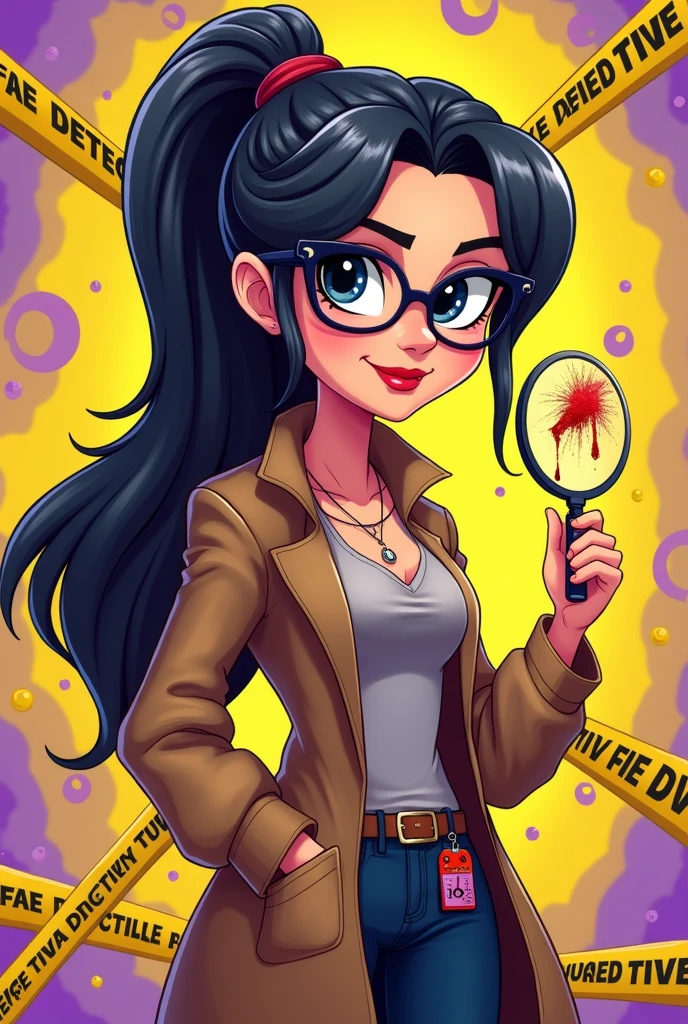 Women detective, has dark hair and long with pony, use grey glasses, cool skintone, yellow and purple background colour, police tape says fae detective, has magnifying glass and blood and Fae nametag. Cartoon and cute theme