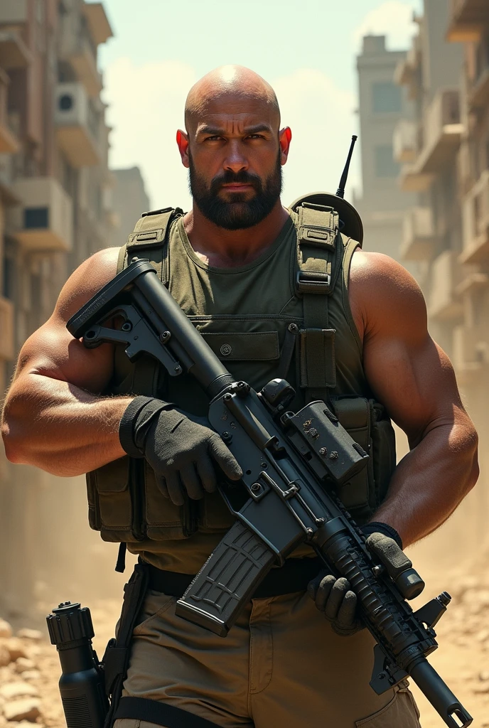 Create a rich bald guy with an m4 and a radio in his hand