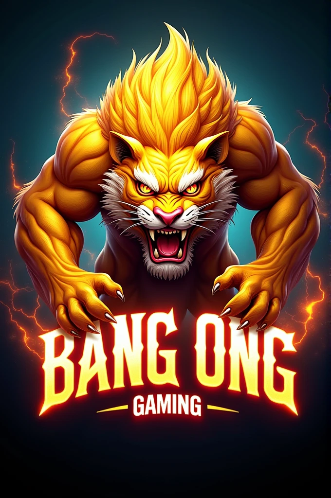 Design a vibrant 3D gaming logo: a fierce yellow monster tiger with a captivating glow. Place “BANG ONG” in bold white at the center, radiating intensity, and position “Gaming” below for a luminous touch. Convey power and excitement in a dynamic visual.