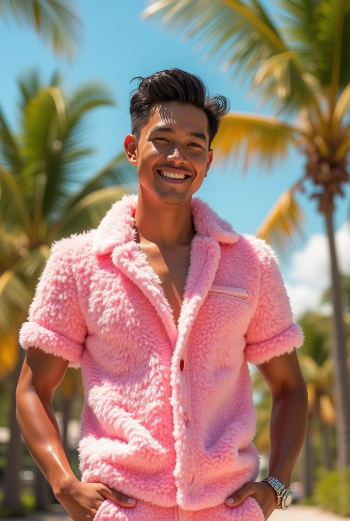 Handsome filipino man in fluffy pink himbo outfit