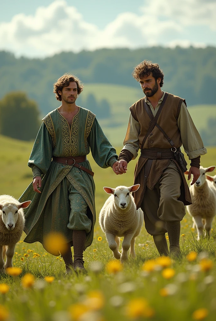 (photorealism:1.2), Merlin is a young man wearing rare clothes next to a young farmer using medieval clothes in the fields running away with animals