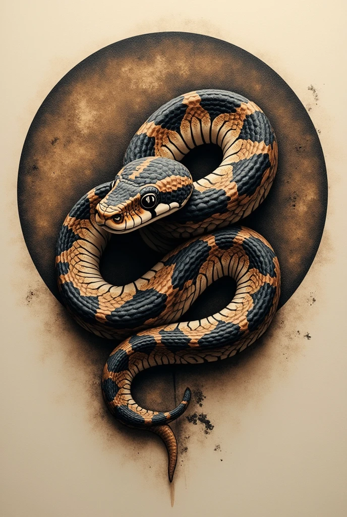 A microrealism style tattoo design with a diameter of up to 10cm I want.a half-spotted circular background Inside this circle a common Brazilian boa constrictor, with the boa constrictor pattern Her body should be curled up and she should be lunging with her mouth open Almost like that I want her to have the phenotypic patterns of the common boa constrictor species