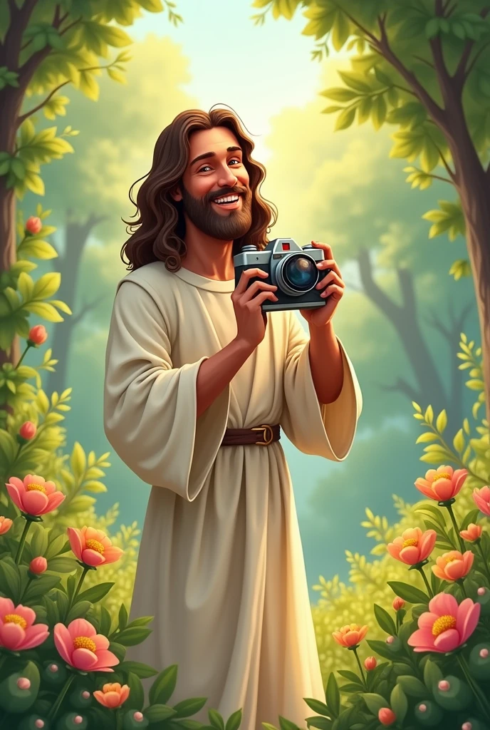 Jesus in a peaceful setting, He is wearing a simple robe and holding a camera., Jesus is smiling and posing in a friendly manner, capturing a special moment with the camera. The scene can convey a sense of peace and joy, combining the modernity of the act of photographing with the traditional figure of Jesus. Do this in cartoon form 
