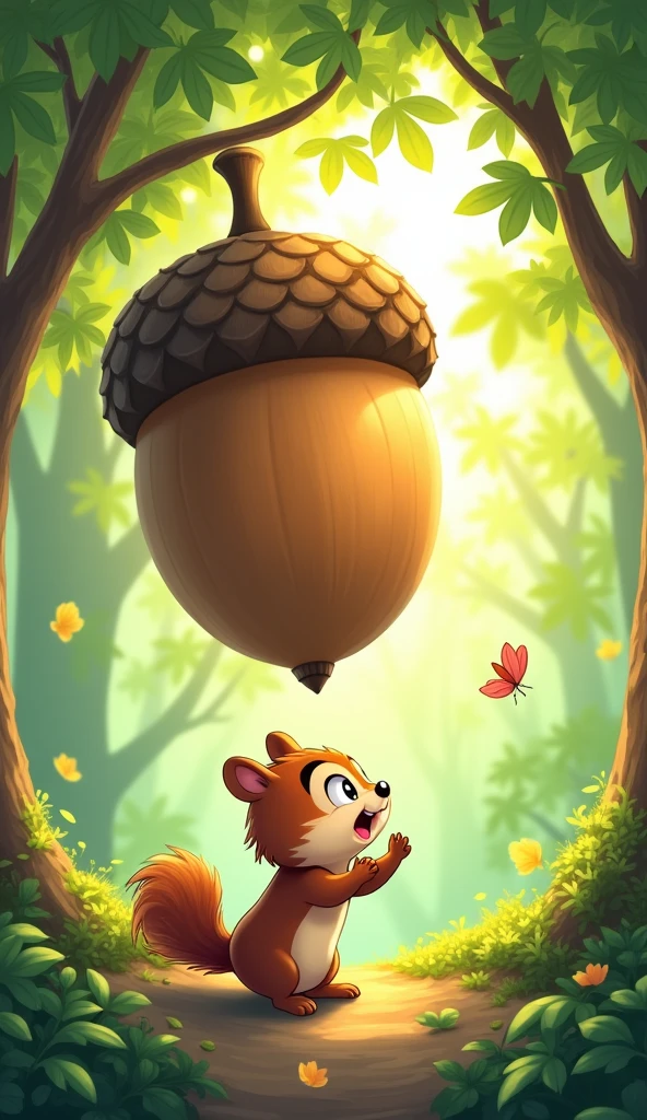 Cartoon anime 3D characters of A small, bright-eyed chipmunk stands in a sunlit forest, gazing up at a giant acorn that's nearly as big as he is. The background is filled with green trees and scattered leaves.