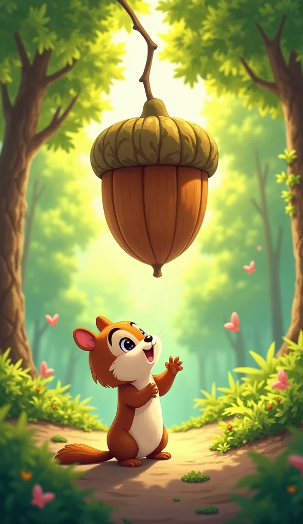 Cartoon anime 3D characters of A small, bright-eyed chipmunk stands in a sunlit forest, gazing up at a giant acorn that's nearly as big as he is. The background is filled with green trees and scattered leaves.