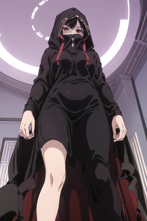 NNAssassinFSF, 1girl, solo, black hair, red eyes, long cape sleeves, sleeves covered hands, no hands, dress, long cape, cape, black cloak, hood up, black robe, covered mouth, hooded cloak, ((masterpiece, best quality)) rooms, bedroom, from below 