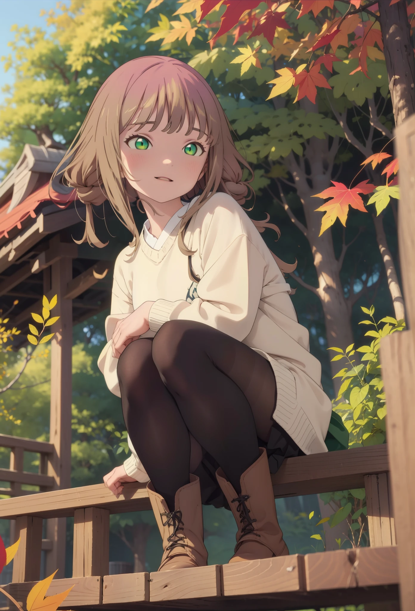 minami yume ,sss Dynazenon ,length, Long, thick braids, Brown Hair, smile,blush,(Green Eyes:1.5) ,Blue v-neck sweater,Long skirt,Black pantyhose,short boots,Walking,whole bodyがイラストに入るように,autumn leaves,autumn leavesが散っている,autumn leavesが積もっている,
break looking at viewer, whole body,  
break outdoors, garden,
break (masterpiece:1.2), Highest quality, High resolution, unity 8k wallpaper, (shape:0.8), (Beautiful and beautiful eyes:1.6), Highly detailed face, Perfect lighting, Extremely detailed CG, (Perfect hands, Perfect Anatomy),