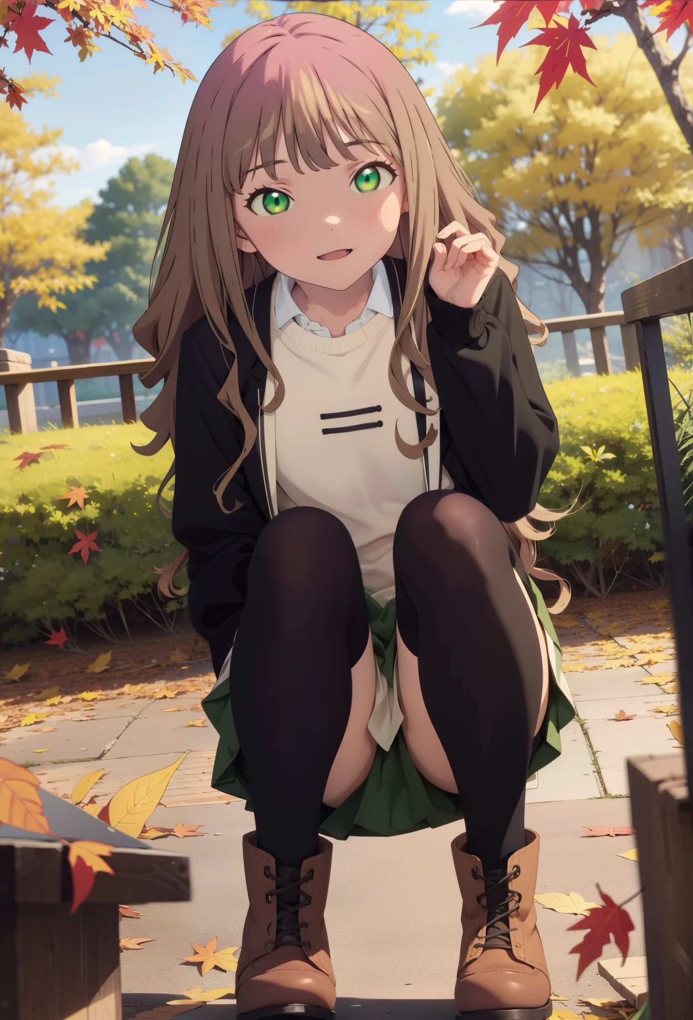 minami yume ,sss Dynazenon ,length, Long, thick braids, Brown Hair, smile,blush,(Green Eyes:1.5) ,Blue v-neck sweater,Long skirt,Black pantyhose,short boots,Walking,whole bodyがイラストに入るように,autumn leaves,autumn leavesが散っている,autumn leavesが積もっている,
break looking at viewer, whole body,  
break outdoors, garden,
break (masterpiece:1.2), Highest quality, High resolution, unity 8k wallpaper, (shape:0.8), (Beautiful and beautiful eyes:1.6), Highly detailed face, Perfect lighting, Extremely detailed CG, (Perfect hands, Perfect Anatomy),