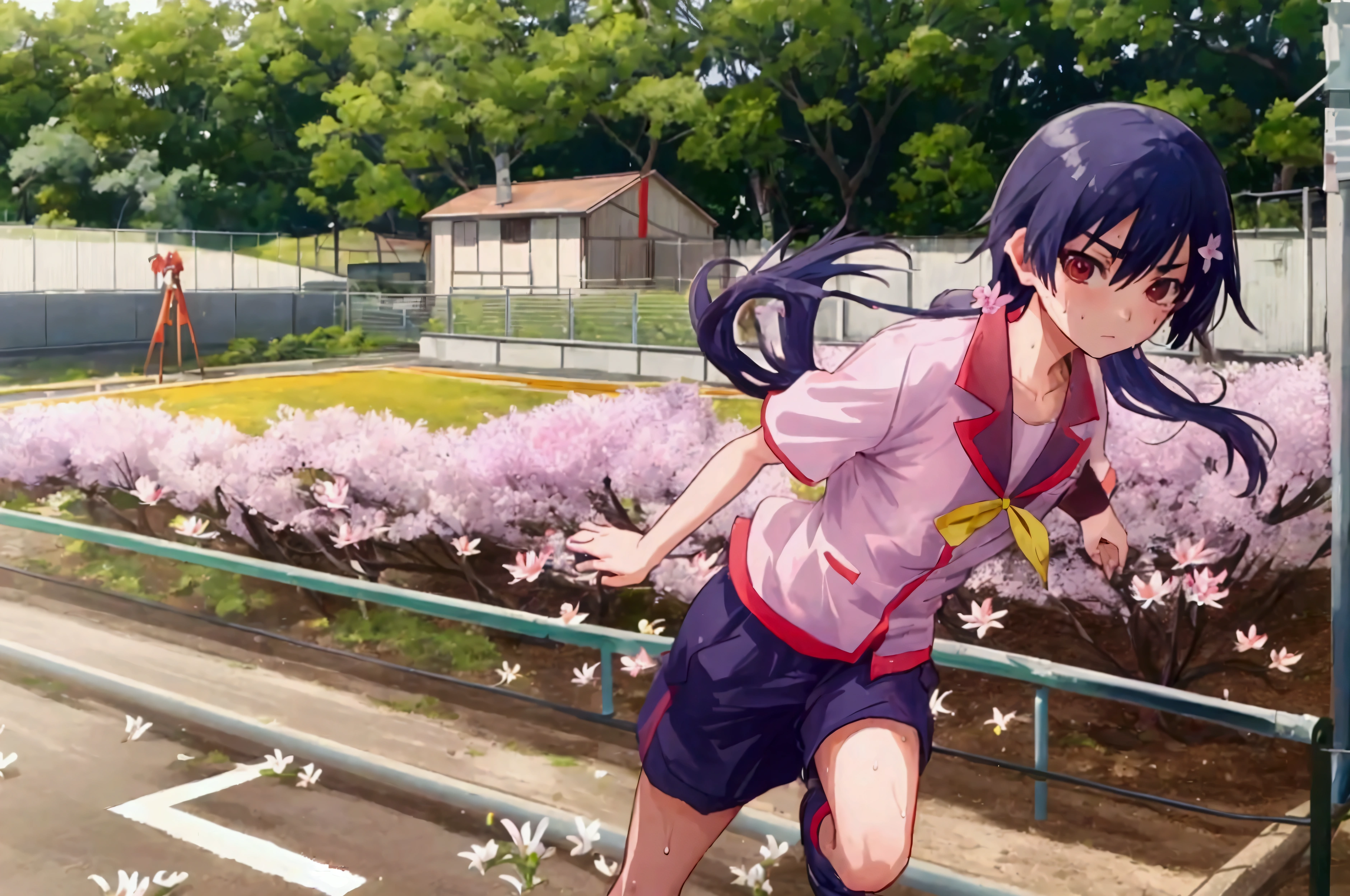 Modeled after Kanbaru Suruga、running、Sweat、The background is the schoolyard、In the background, the schoolyard soil"adolescence ambivalent"It is written、Small lily flower
