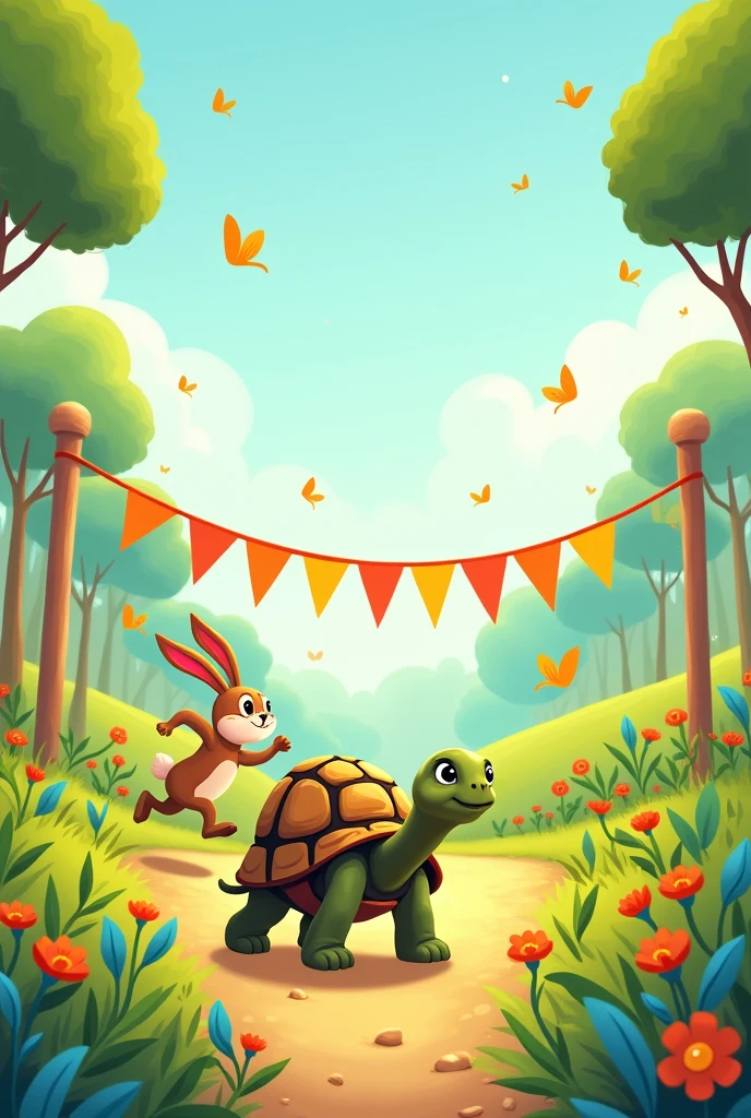 Create an A4 size frame that deals with the fable of the tortoise and the hare but the tortoise is reaching the final goal and the hare is running behind trying to catch up with the tortoise behind but leave a space in the center to put the text of the fable and make it more lively for children.