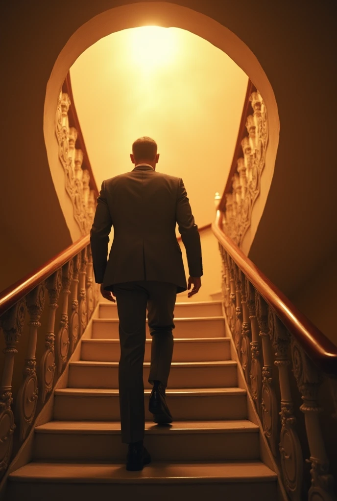 A man in his 30s in a suit climbing the stairs、There is light shining ahead、The staircase branches out, making it look like trick art.、spiral stage