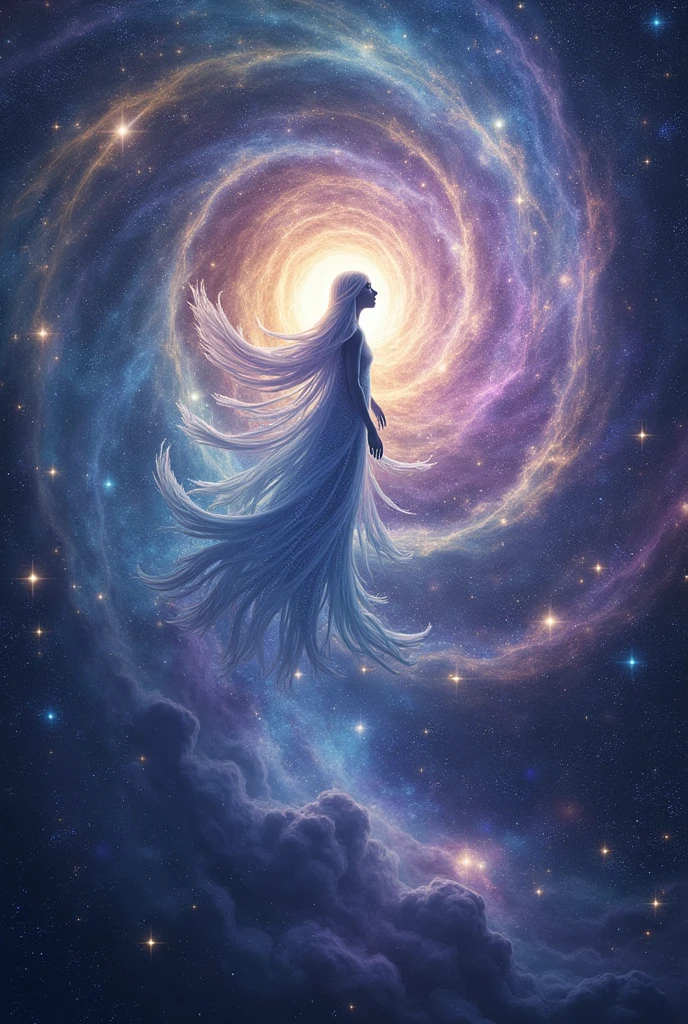 Make an image that describes cosmic consciousness with a great feat of universes and galaxies a relativistic creature