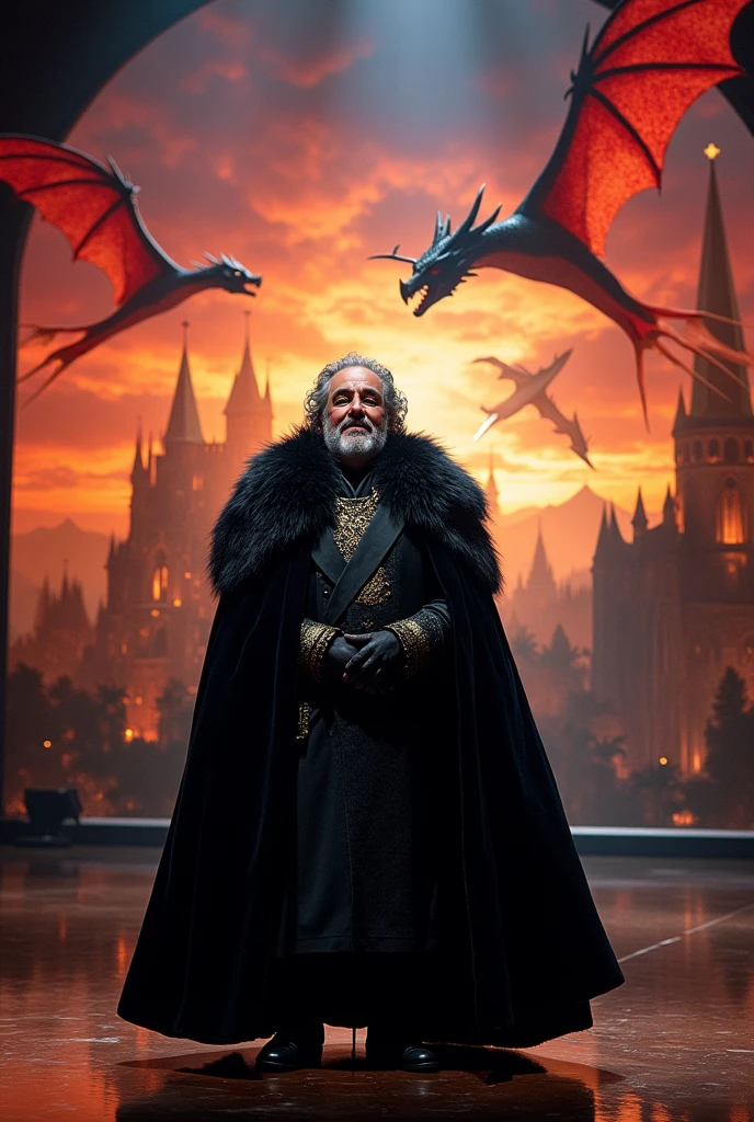 Create an image in which Luciano Pavarotti,Italian tenor,encarna John Snow,presenting a reality show whose title is "House of Dragons"