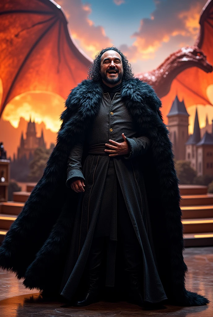 Create an image in which Luciano Pavarotti,Italian tenor,encarna John Snow,presenting a reality show whose title is "House of Dragons" 