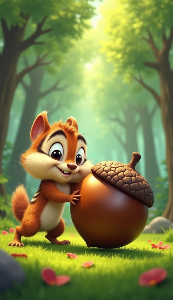 Cartoon anime 3D characters of The chipmunk is trying to push or roll the enormous acorn across the forest floor. His tiny paws are pressed against the acorn, and his face shows determination but also some frustration.