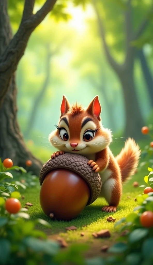 Cartoon anime 3D characters of The chipmunk is trying to push or roll the enormous acorn across the forest floor. His tiny paws are pressed against the acorn, and his face shows determination but also some frustration.