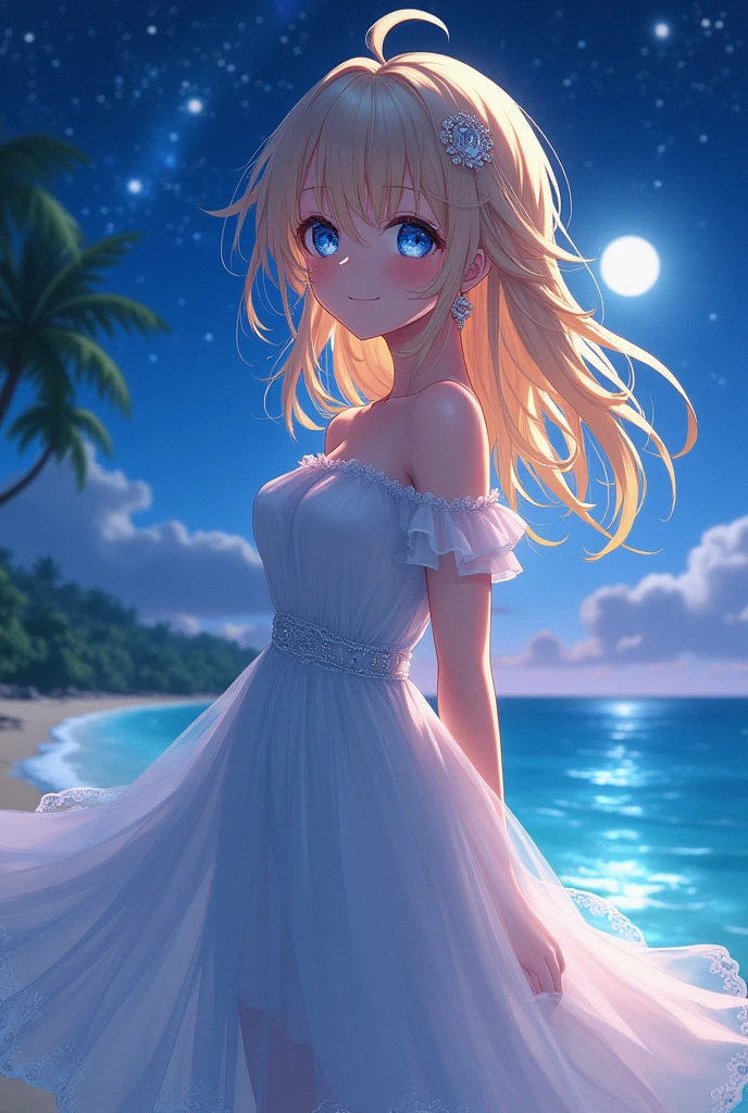 (masterpiece、Highest quality、8k、High resolution)、(The best beautiful girl)、Best Style、(The most beautiful face)、Clear skin、Clean blue eyes、Beautiful lips、smile、Beautiful white upper teeth、Beautiful nose、Blonde Hair、Ample breasts、Walking on the sand、look back、Ocean、You can see the forest、A bright night with stars visible、Beautiful starry sky、full moon、milky way、(体whole bodyから神秘的な光の粒子、Colorful Light)、(jewelry、necklace)、dress、(whole body)、Highly detailed anime art、A complete portrayal、Detailed CG、